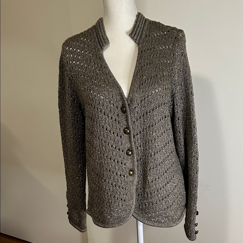 Chico's Metallic Gray Openwork Button-Up Cardigan